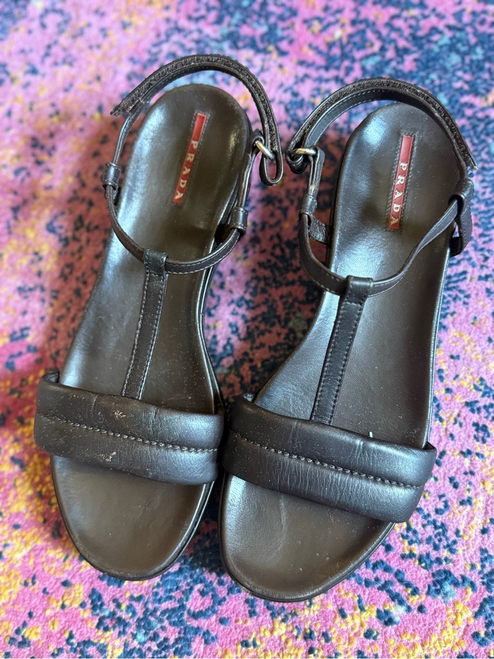 Vintage Prada Sport Linea Rossa Brown Leather T-Strap Wedge Sandals 90s - Picture 2 of 9